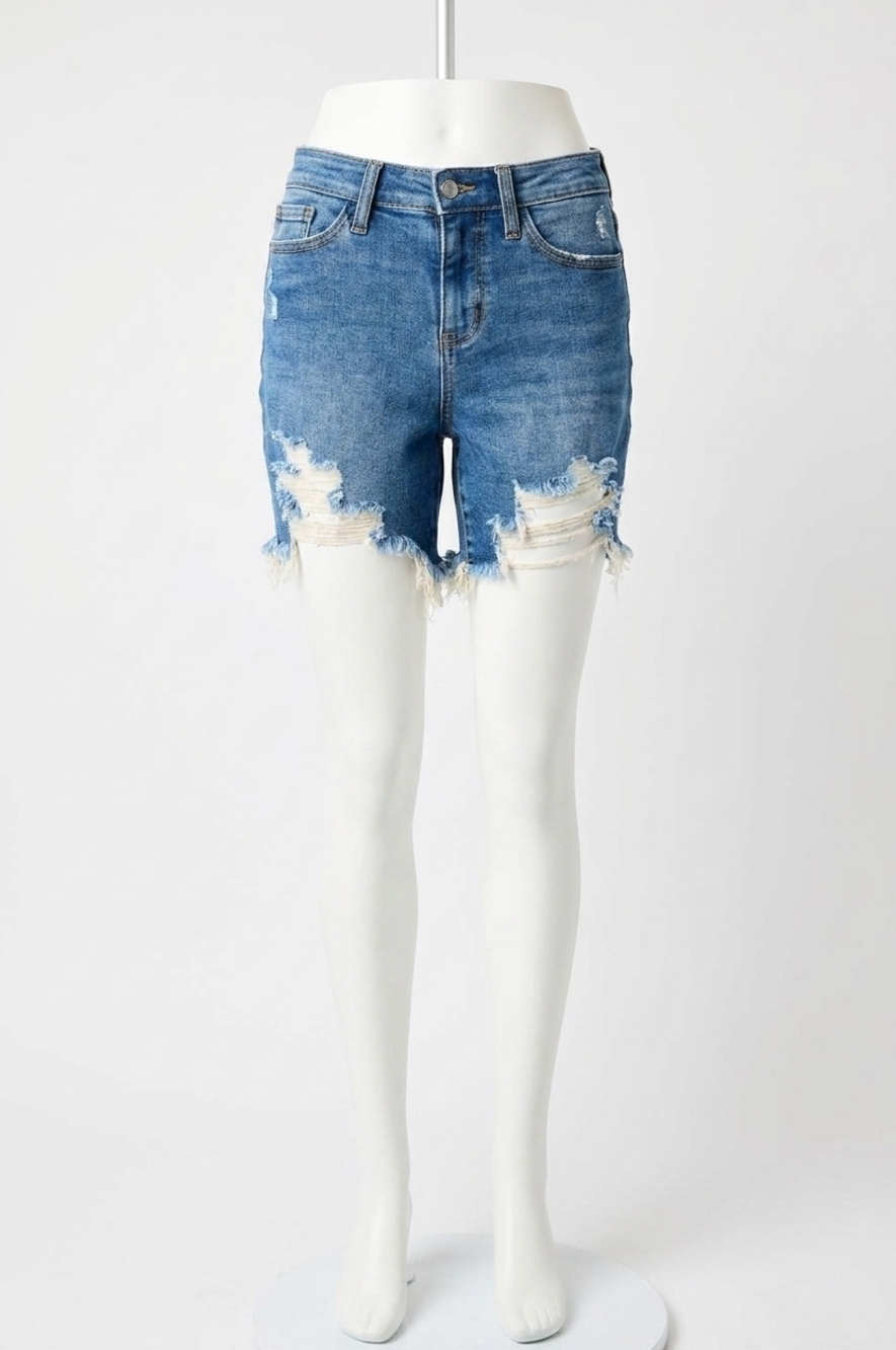 NEW JUDY BLUE destroyed fray hem jean shorts in blue